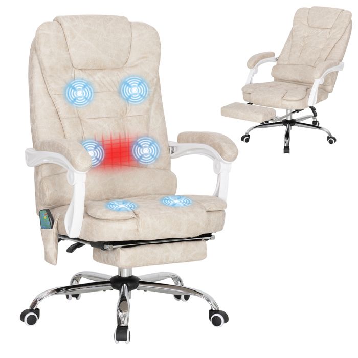 Fauteuil de bureau - Vinsetto - massant et chauffant - hauteur réglable et dossier inclinable - microfibre - 65x70x111-119cm - crème
