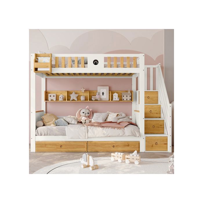 lit superposé enfant - SOGEU - 90 x 200 - escalier rangement 4 casiers - 2 tiroirs & étagères - blanc/naturel