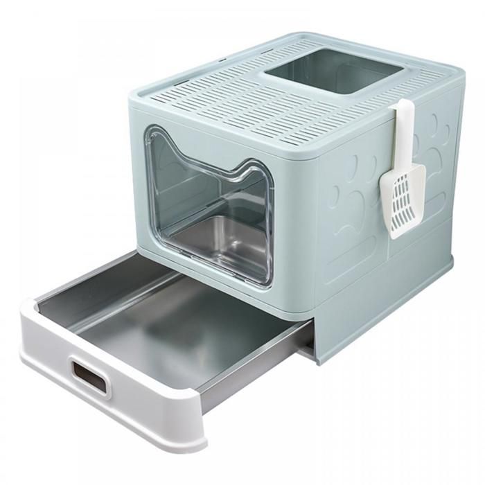 Comparer les prix de Bac à Litière pour Chat Pliable - Avec Tiroir en Inox et Pelle - Anti-Fuite - 41x51x38 cm - Bleu Clair - LVHCMFOHM