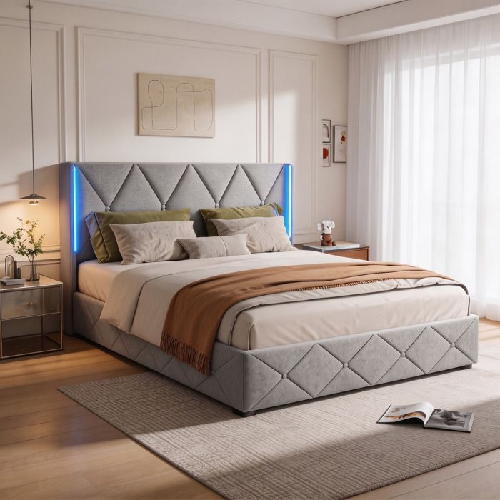 Lit coffre 140x190 - POCKETPOP - Velours gris - Tête de lit avec Led - Cadre de Lit avec Sommier à Lattes en Bois - 2 places
