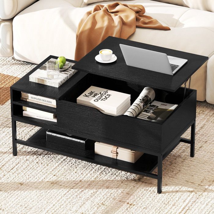 GOPLUS Table Basse Relevable avec Étagère de Rangement Amovible Compartiment Caché Étagère Inférieure 99 5x49 5x47 5cm Noir