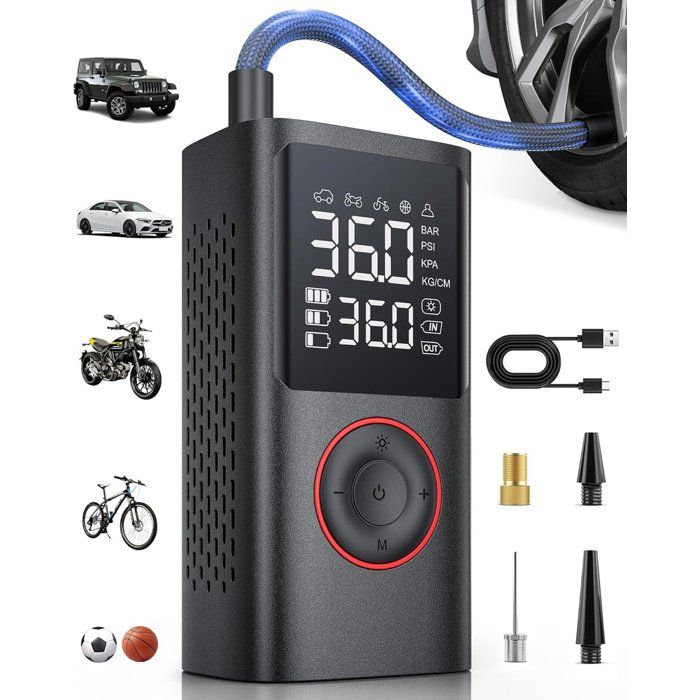 Pompe à vélo électrique - Scooter moto voiture - 4000 mAh - Compresseur dair portable - Jusquà 103 bars - Rechargeable par USB
