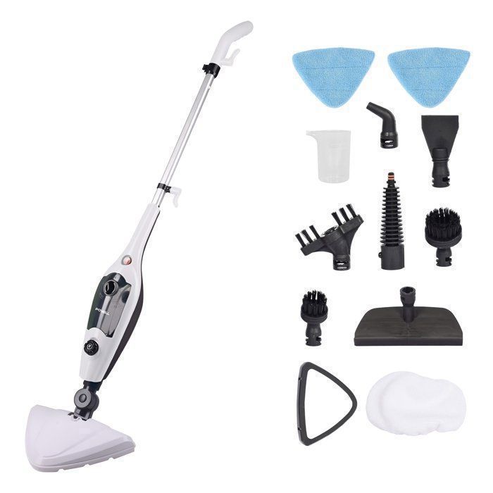 Powell Nettoyeur Vapeur 2-en-1 – Main et Sol – Shampouineuse Tapis – 1300W – 10 Accessoires – Noir/Blanc - Powell