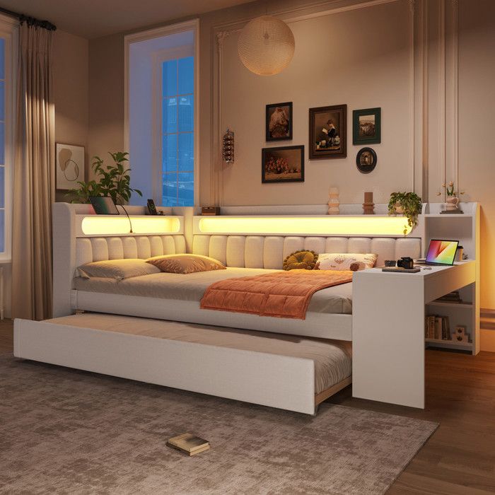 Canapé-lit rembourré avec port USB ceinture LED lit gigogne et bureau 140 x 200 cm lit multifonctionnel (sans Matelas) Blanc Canapé-lit rembourré avec port USB ceinture LED lit gigogne et bureau 140 x 200 cm lit multifonctionnel (sans Matelas) Blanc