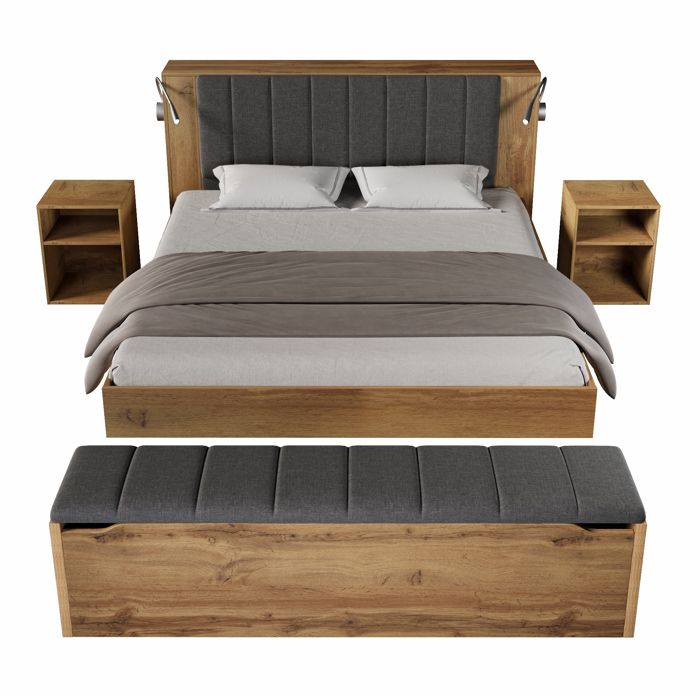 Lit adulte 160x200 cm avec lampes de lecture USB tables de chevet et banc coffre structure bois chêne