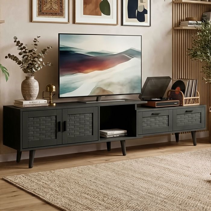 Meuble TV Extensible - 146 à 180cm - Style Rotin Bohème - Pieds en Bois Massif - PVC & Particules - Noir