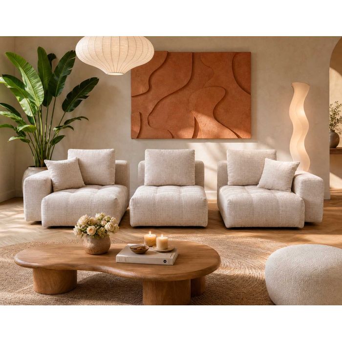 Colette - Canapé modulable 3 places en velours texturé - Beige