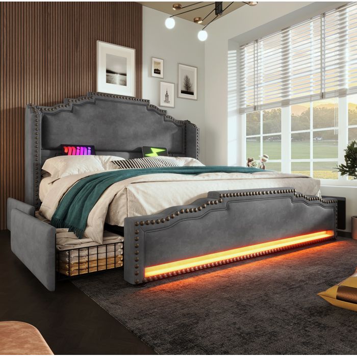 ULEVR Lit double rembourré 160 x 200 cm en velours gris avec 4 tiroirs LED USB et USB Type-C
