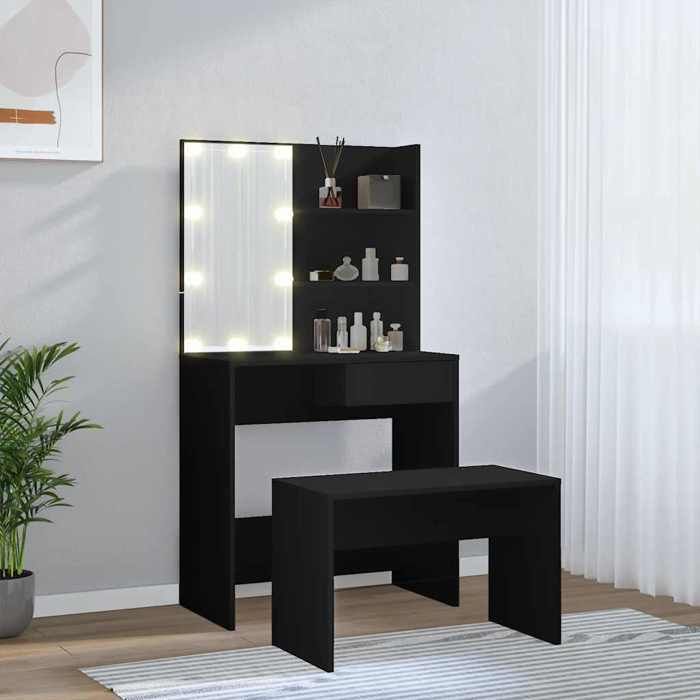 (5140)Moderne Ensemble de coiffeuse avec LED Noir Bois dingénierie poid:36.01 kg