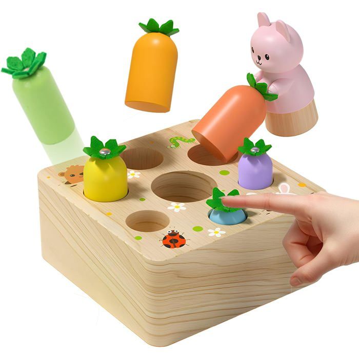 Jouet Montessori en bois pour enfants dès 1 an : jeu déveil interactif avec pop-up carottes pêche magnétique et tri pour motricité