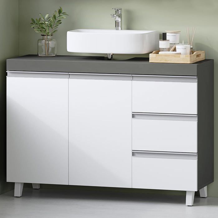 Meuble sous Lavabo Meuble sous Vasque Salle de Bain 2 Portes 3 tiroirs Rangement SpacieuxGris Ciment et Blanc Nuage
