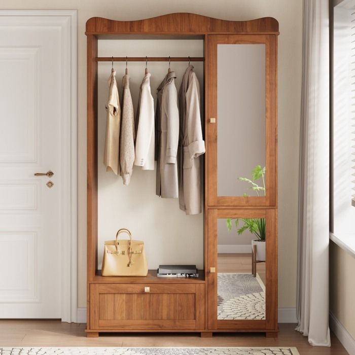 COVREO armoire ouverte avec miroir 115 5 x 38 5 x 194 5 cm MDF coloris noyer 2 portes et 1 tiroir