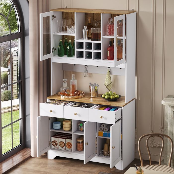 Buffet haut vitrine 94 5 x 30 x 175 5 cm 5 portes 3 tiroirs MDF blanc effet bois pour salon salle à manger