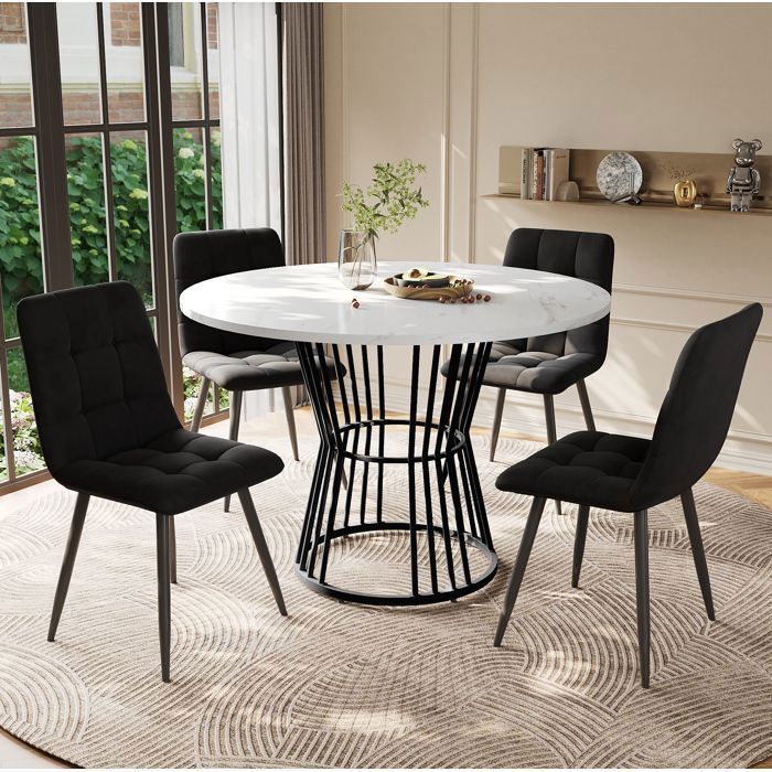 MEULVA Ensemble de salle à manger avec 1 table ronde 100 cm effet marbre en MDF et lot de 4 chaises en velours noir