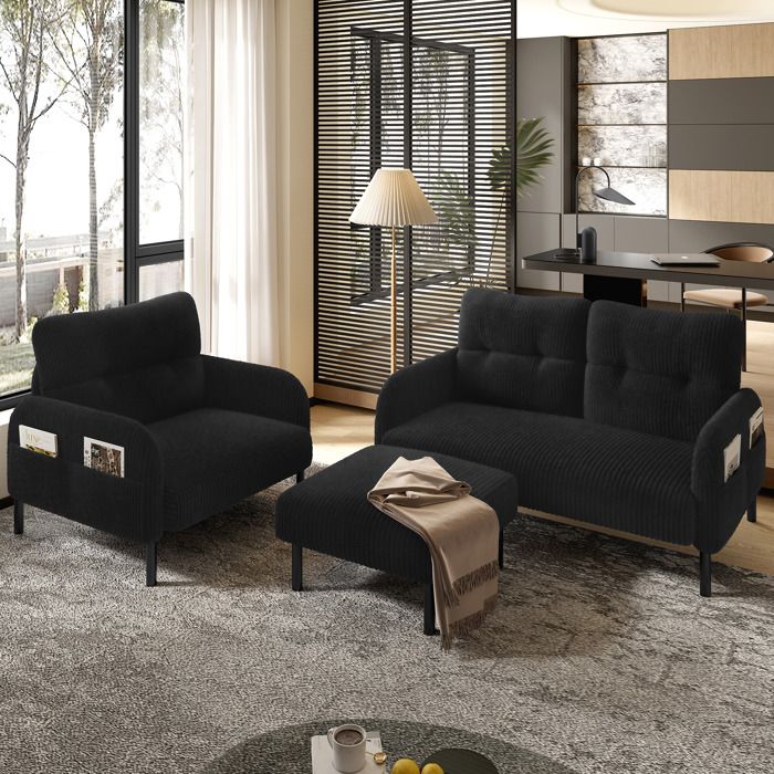 COVREO Ensemble canapé 3 pièces noir en velours côtelé canapé 2 places fauteuil et pouf avec poches latérales