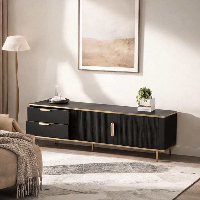 Meuble TV bas 170 cm noir et or en MDF motif sculpté 2 tiroirs et 2 portes