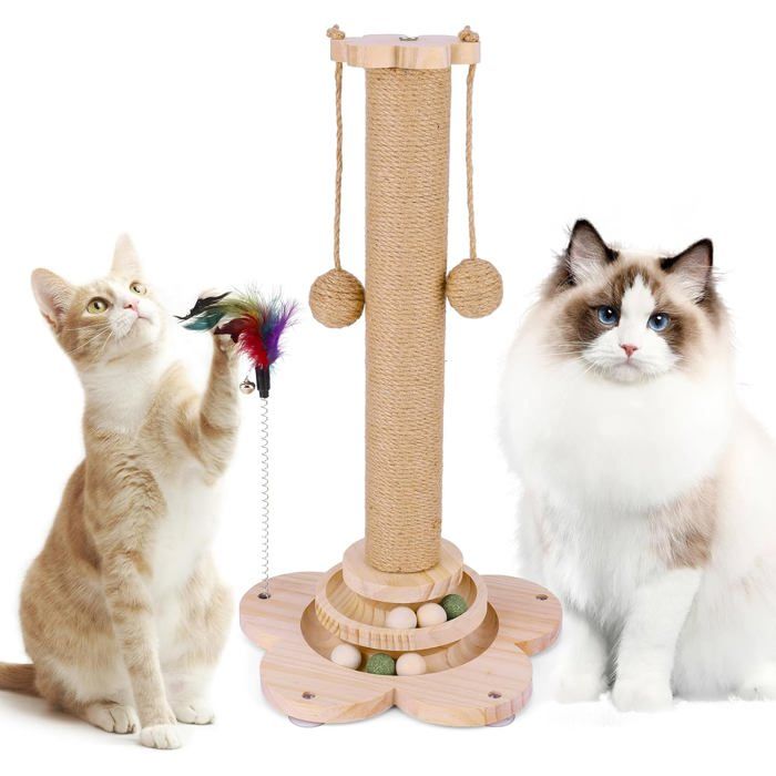 Arbre À Chat Multifonction Avec Base En Bois Massif Piste Interactive Et Jouet À Plumes À Ressort Griffoir Pour Chats DIn[AC1118]