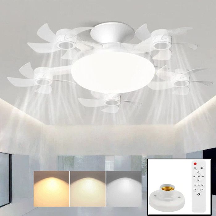 LED Ventilateur Plafond avec Lumiere 5 Fan têtes Lampe Ventilateur Plafonnier et Télécommande Socle 3 Vitesses 3 Couleurs Blanc