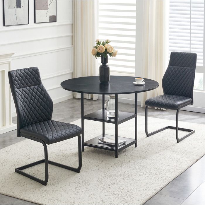 Table à manger ronde 107 cm 2 places avec 2 chaises noires et 2 étagères ouvertes MDF métal style industriel ORVRYN
