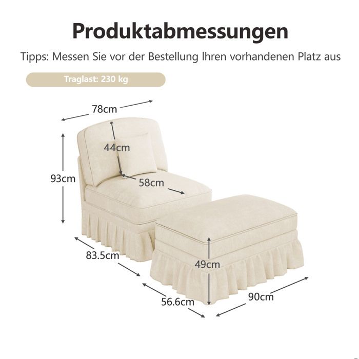 Fauteuil lounge 1 place en chenille blanche avec repose-pieds coussin mobile et housse à volant amovible Grjofek