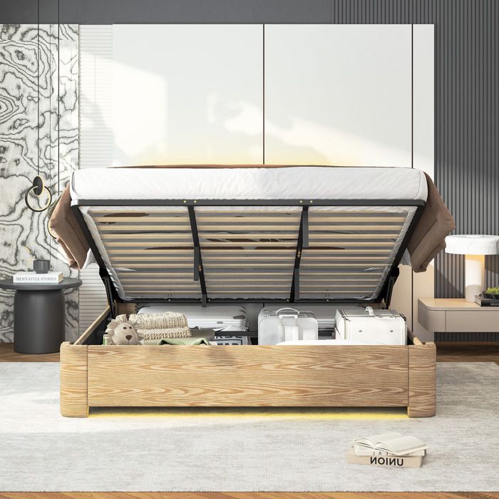 MEUBLIV Lit coffre 180 x 200 cm avec LED 7 couleurs vérin hydraulique 750 N beige
