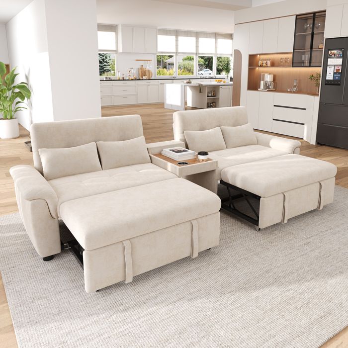 Canapé convertible 4 placestransforme en canapé lit dossiers réglables porte-gobelets et 4 coussins chenille beige284×138×8cm