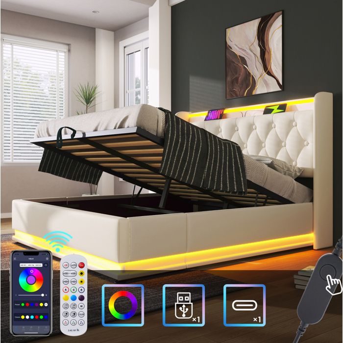 VUENOR Lit coffre 160x200 cm blanc - LED 360 USB Type-C tete capitonnee sans matelas