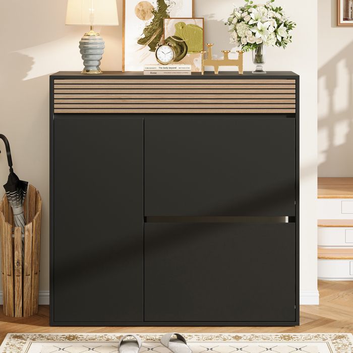 Meuble à chaussures 100x35x105 cm 2 portes abattantes 1 tiroir porte à 4 compartiments MDF et aggloméré Noir et Bois Naturel