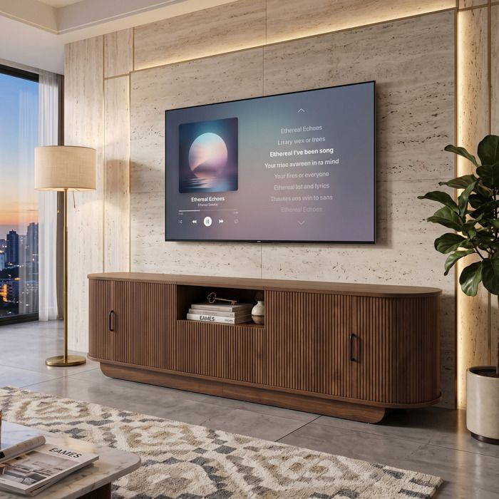 Meuble TV 180x40x50cm Grand Rangement Portes Coulissantes  Façade Cannelée 3D & Bords Arrondis