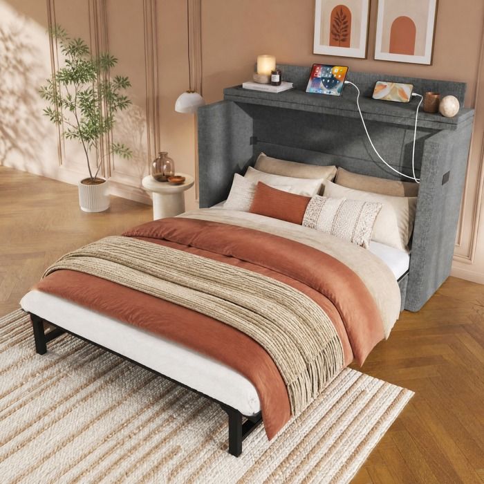 Lit escamotable gris 140 x 200 cm avec tiroir ports USB/USB-C rangement latéral sans matelas