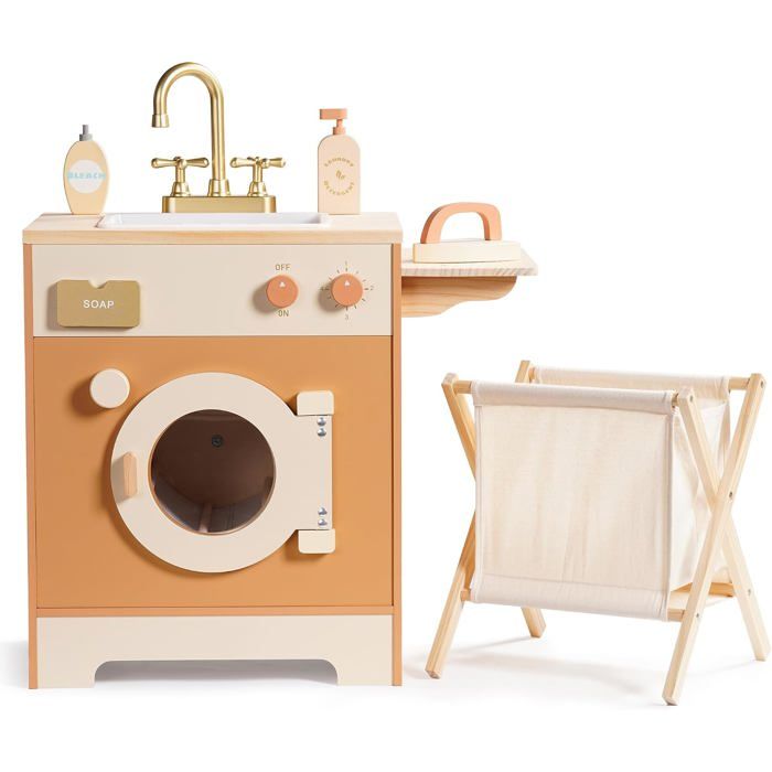 ROBUD Machine à Laver Jouet en Bois pour Enfant avec Panier à Linge Fer à Repasser et Évier Jeu d’Imitation Dès 3 Ans