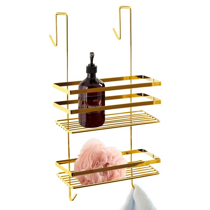 Étagère de douche suspendue dorée - AWD INTERIOR - Acier peint - Deux étagères - Deux crochets pour brosses ou éponges
