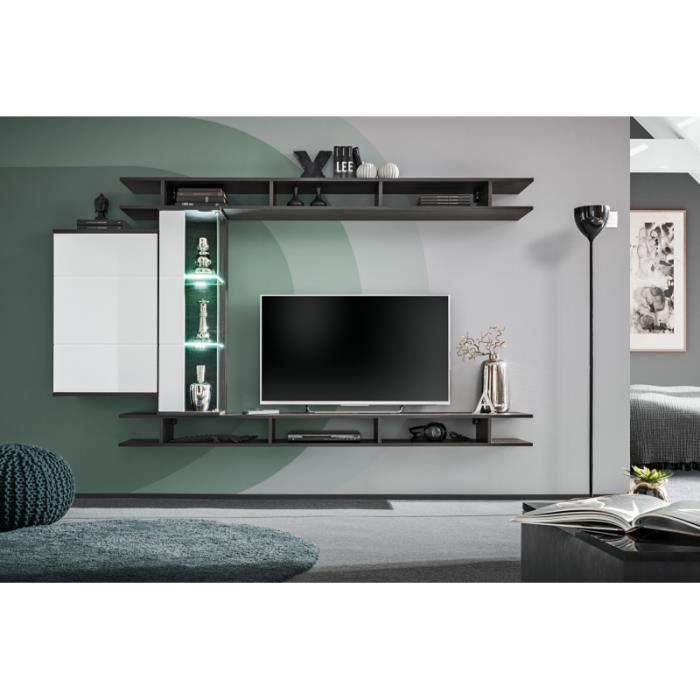 meuble tv - ensemble meuble tv mural game - l 230 x p 35 x 130 cm - blanc et noir
