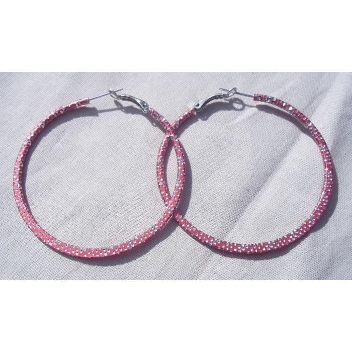 Créoles Fantaisie Rouges Argentées – Grandes Boucles D'oreille Anneaux Femme 6,5 Cm