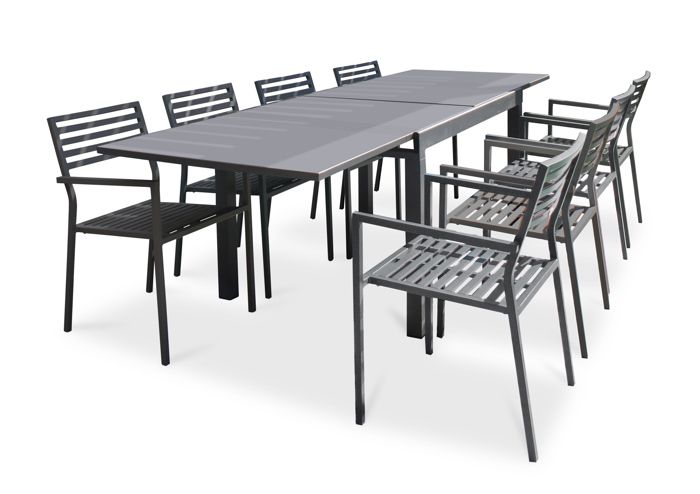 table de jardin gaston-tb270-grisant avec rallonge et 8 fauteuils gaston-ft-grisant empilables