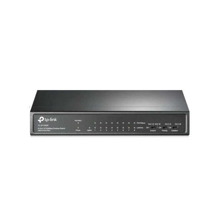 TPLINK TL-SF1009P 9-ports PoE+ Switch TL-SF1009P PoE+ Switch 8x 10/100Mbps PoE+ + 1x RJ45 10/100 Non-PoE 65W 802.3at/af Desktop