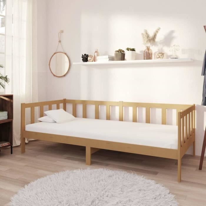 Cadre de Lit adulte-enfant Marron miel Bois de pin massif 90x200 cm - Elégance - Chic