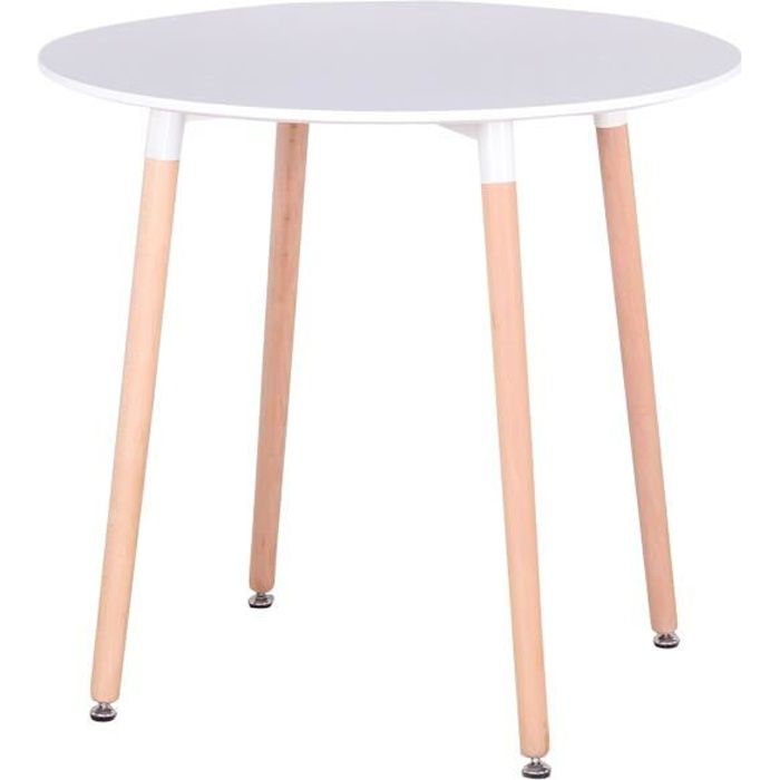Table à manger ronde scandinave BENYLED - Blanc - Diamètre 80cm - Pieds en bois d'hêtre