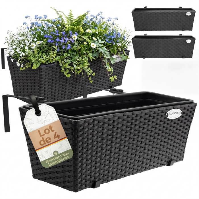 4x Bac à fleurs CASARIA® 11 litres support de montage intérieur extérieur jardinière pot de fleurs décoration balcon terrasse noir