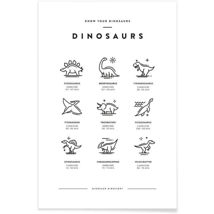 Dinosaurus Chart Affiche x30 Cm Animaux Art Pour Enfants Noir Blanc Dinosaures Et Animaux Mythiques Dinosaures Cdiscount Maison