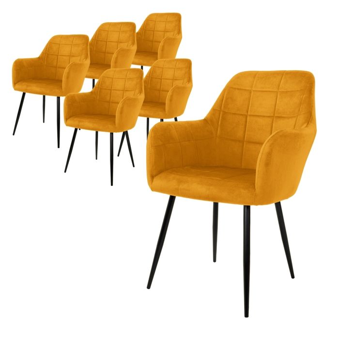 ECD Germany Set de 6x Chaises de Salle à Manger Moutarde Style Moderne/Retro Dossier et Accoudoirs Rembourrée Aspect Velours ECD Germany Set de 6x Chaises de Salle à Manger Moutarde Style Moderne/Retro Dossier et Accoudoirs Rembourrée Aspect Velours