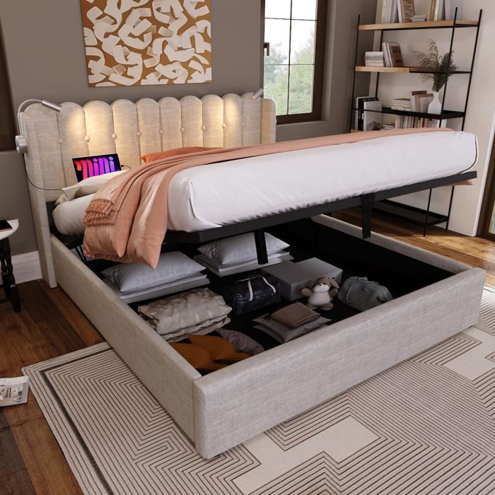 Lit coffre 160x200cm, lit adulte avec lampes de lecture et ports USB, sommier à lattes, tissu en lin, beige