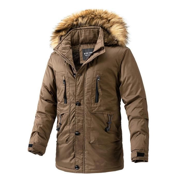 Parka Homme Capuche Fausse Fourrure Hiver Veste Chaude Mi Longue Doublee Polaire En Coton Couleur Unie Cafe Cdiscount Pret a Porter