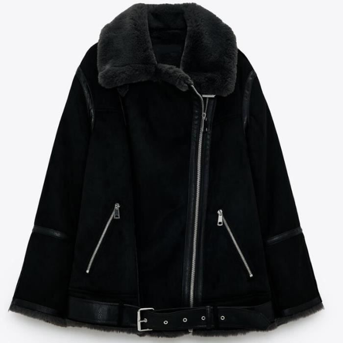 Manteau D'hiver Femme En Fausse Laine D'agneau - Long, épais, Style Motard, Couleur Rose Ou Gris