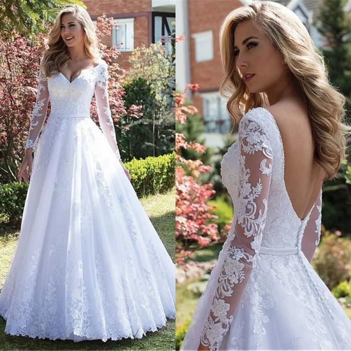 Robe de mariee White M 2020 nouvelle dentelle pour la mariee col en V profond queue legere trainant un grand bras de couverture Bleu Cdiscount Pret a Porter