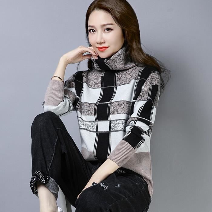 PULL Vintage A Carreaux Col Roule Pull Femmes Automne Hiver Couleur Contrastee Elegant Pull Pulls Pulls Tricotes golf Type Camel Blanc Cdiscount Pret a Porter