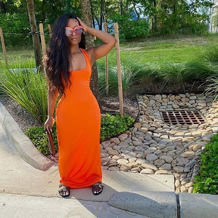Robe ANJAMANOR longue robe d ete Sexy ajouree dos nu Maxi vetements pour femmes sans manches robes Type Orange Blanc Cdiscount Pret a Porter