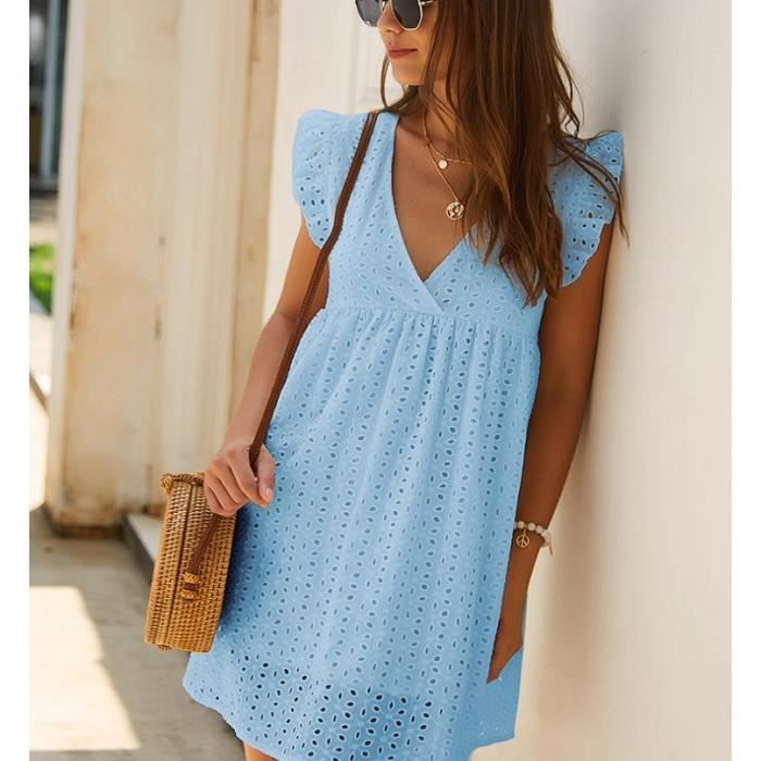 Robe Femme Ete Short Int?�gr?� ?�t?� Blanche Mi Longue Courte de Plage Casual Robe avec Poches 