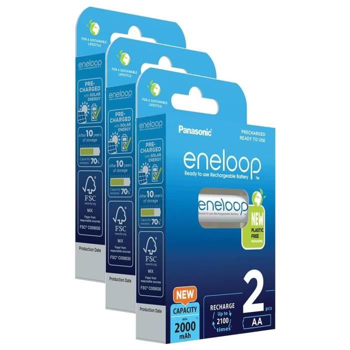 Lot de 3 Eneloops Pack 2 Piles Rechargeables Mignon AA 2000mAh Ni-MH