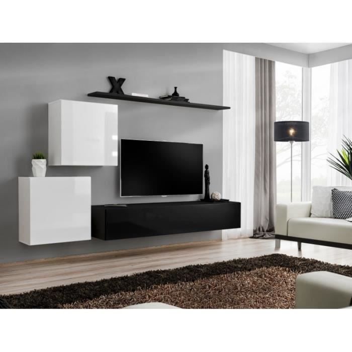 ensemble meuble tv mural switch v - price factory - noir et blanc brillant - 3 portes - 180x30x40 cm
